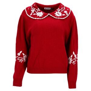 Rixo Knitted Sweater w/ Embroidered Collar and Sleeve in Red Wool